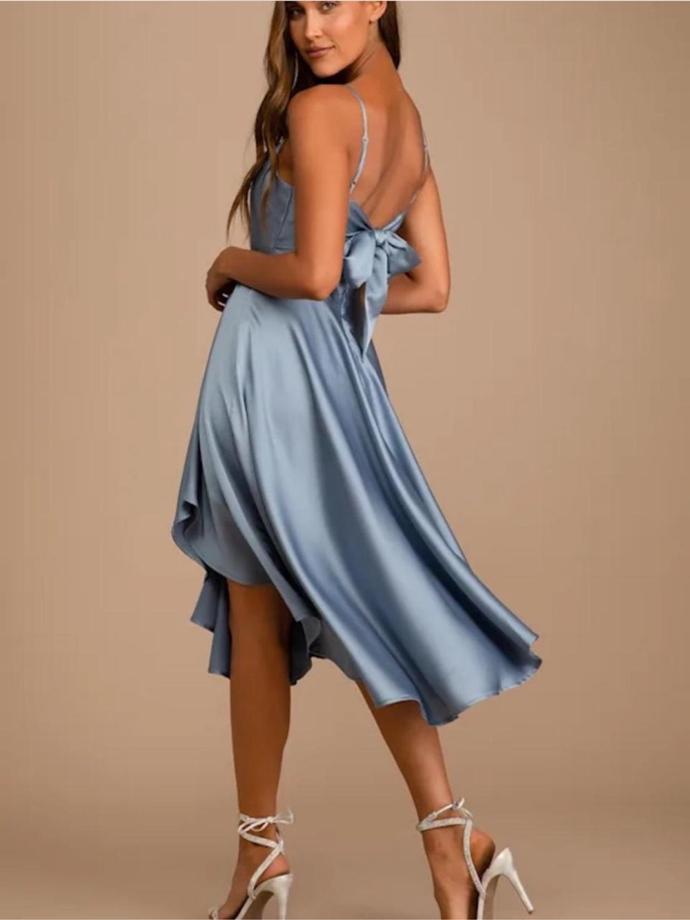Lulu's Powder Blue Satin Midi Dress with Back Bow